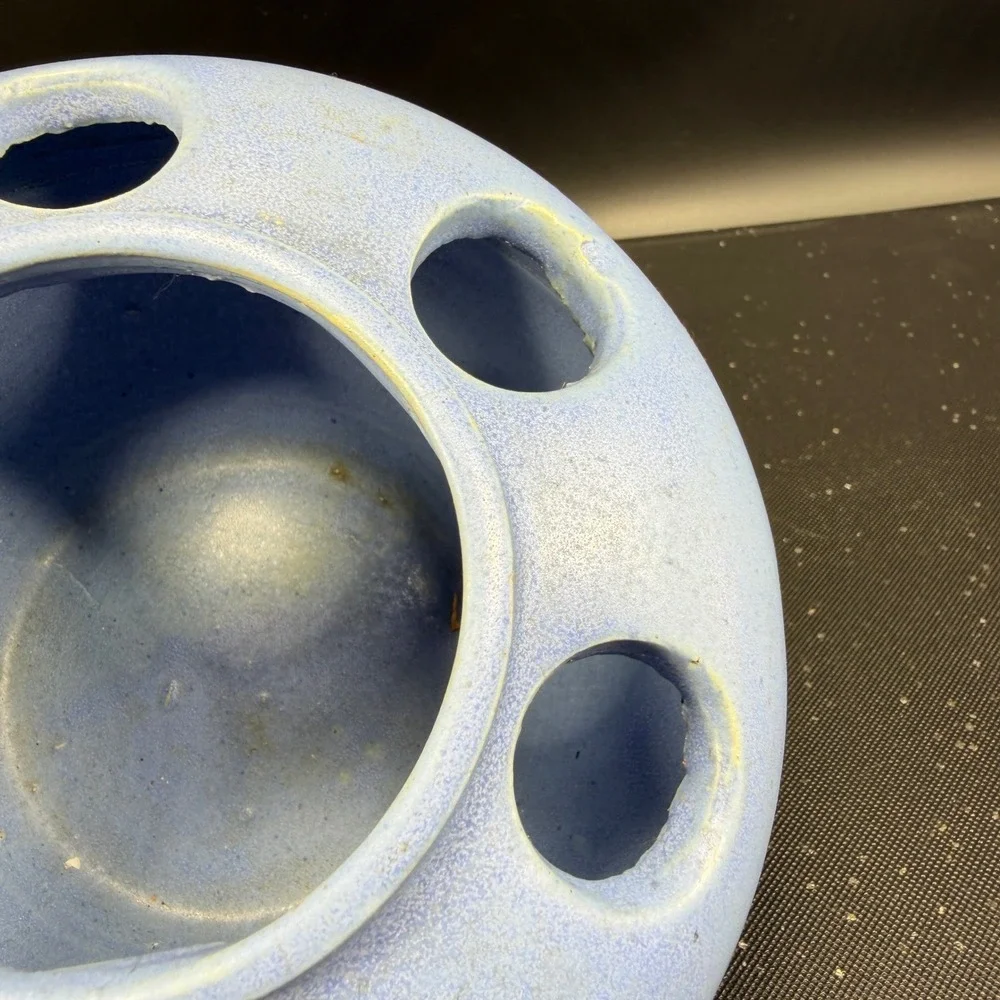 Antique Pale Blue Pottery Large Flower Frog 6-Hole Round Pottery Vase Vessel VTG